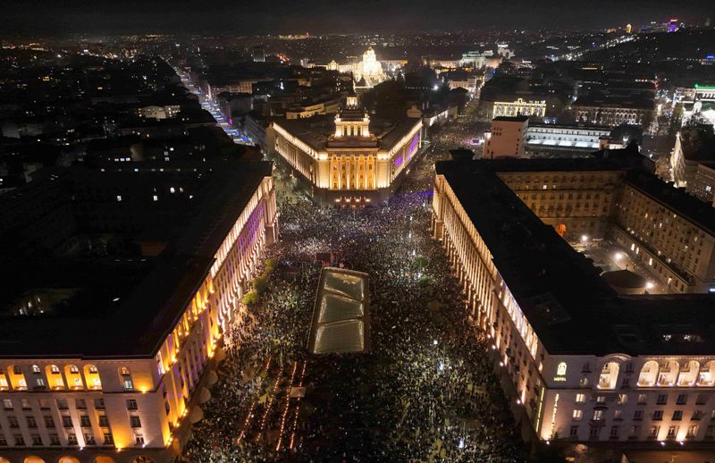 a drone view shows protesters demonstrating outside the parliament during an anti government rally in sofia